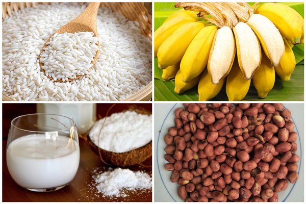 Nguyên liệu làm bánh chuối nếp nướng cốt dừa truyền thống, bao gồm chuối xiêm, gạo nếp, nước cốt dừa và các gia vị cần thiết.