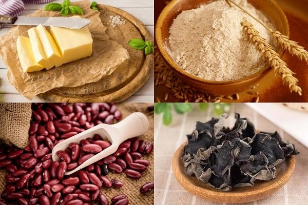 Nguyên liệu làm bánh Pateso chay với đậu đỏ, nấm mèo và bơ thực vật