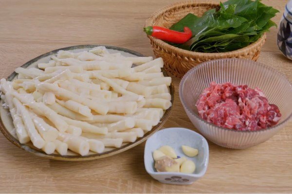 Nguyên liệu làm măng trúc xào thịt bò lá lốt