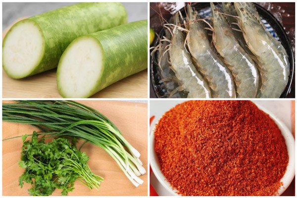 Nguyên liệu tươi ngon chuẩn bị cho món canh bầu nấu tôm