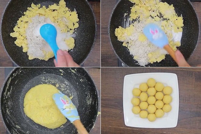 Nhân đậu xanh bùi béo đã sên và vo viên sẵn sàng để làm bánh nếp chiên