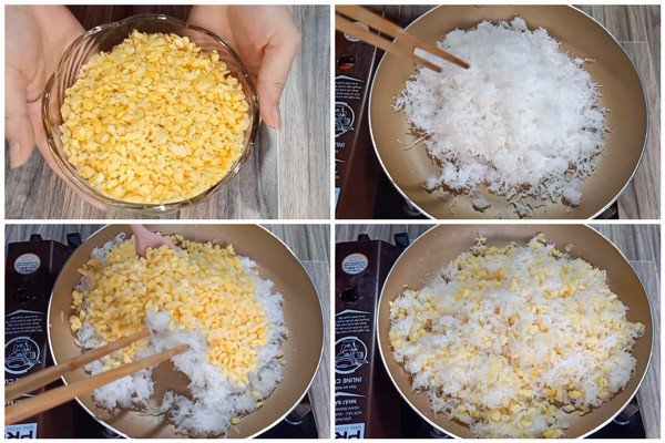 Nhân dừa và đậu xanh đang được xào đều để làm bánh ướt ngọt