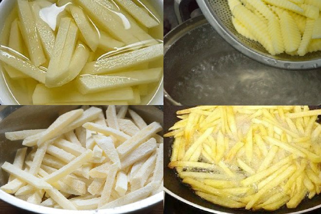 Nhúng từng que khoai tây vào bột chiên giòn đã pha