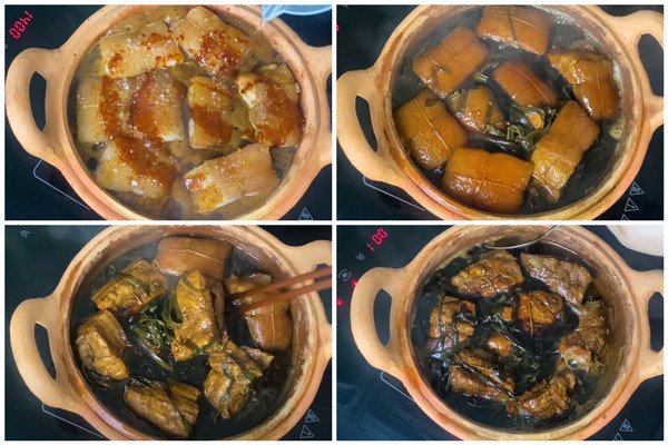 Ninh thịt kho đông pha trên lửa nhỏ từ 1.5 đến 2 tiếng để thịt đạt độ mềm tan và hương vị hoàn hảo