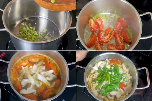 Nồi canh nấm chay cà chua đang nấu sôi trên bếp, tỏa hương thơm
