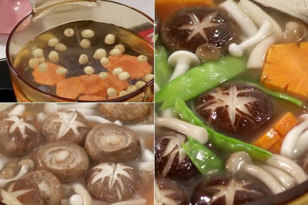 Nồi canh nấm hạt sen chay với màu sắc hấp dẫn đang sôi