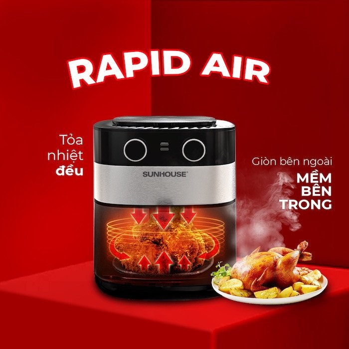 Nồi chiên không dầu hoạt động với công nghệ Rapid Air, giúp giảm dầu mỡ đáng kể cho món ăn lành mạnh