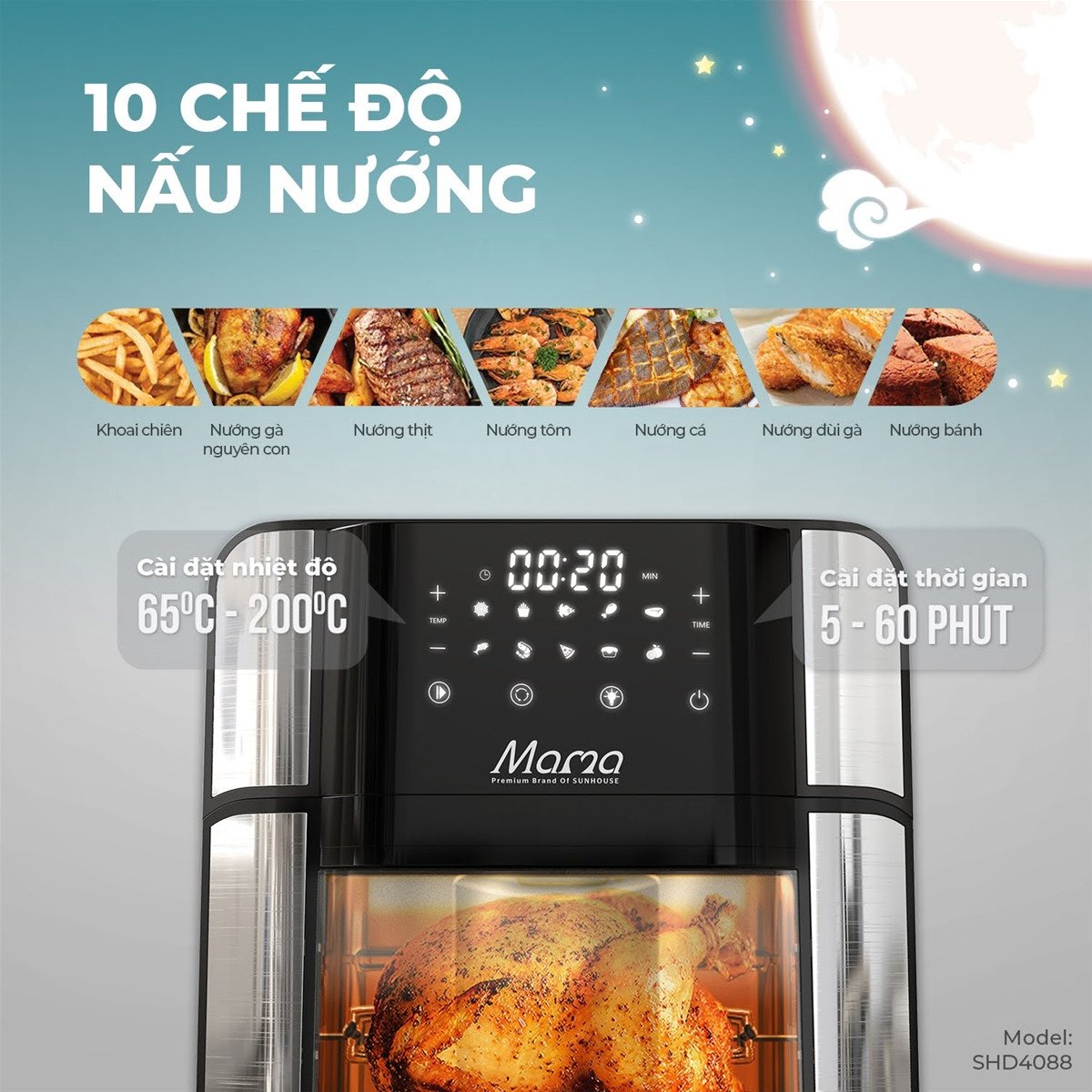 Nồi chiên không dầu với các chế độ nấu đa dạng trên màn hình