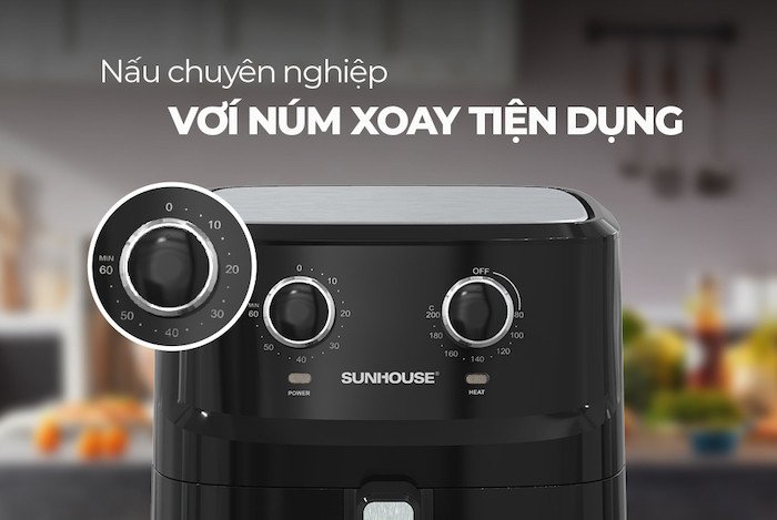 Nồi chiên không dầu với thiết kế núm xoay dễ dàng điều chỉnh nhiệt độ và thời gian