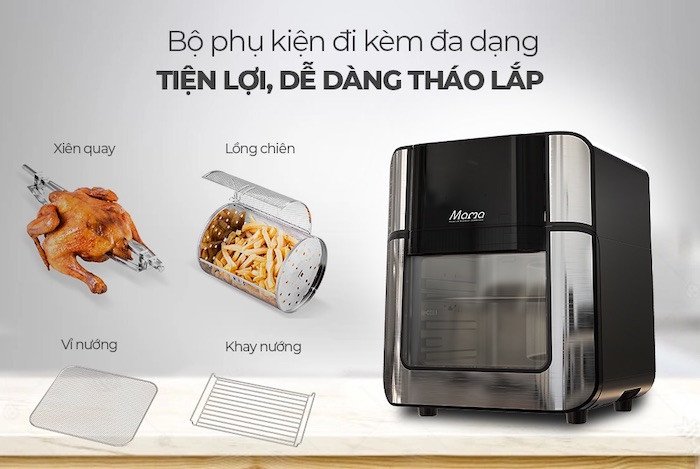 Nồi chiên không dầu với thiết kế xiên quay tiện lợi để nướng gà nguyên con
