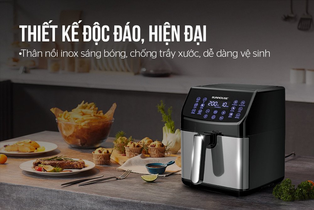 Nồi chiên không dầu vuông SHD4087 với thiết kế hộp vuông vát cạnh độc đáo và bảng điều khiển cảm ứng