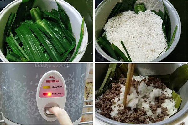 Nồi cơm điện đang nấu xôi chim bồ câu tiện lợi, cho món ăn thơm ngon, bổ dưỡng.