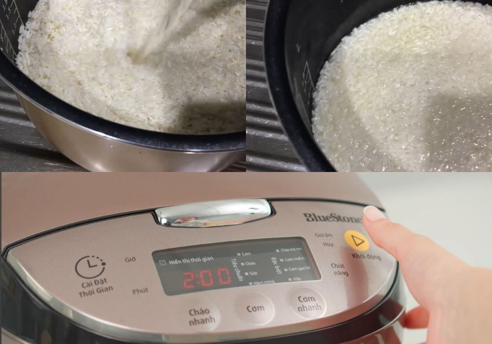 Nồi cơm điện đang nấu xôi, hơi nước bốc lên đều đặn