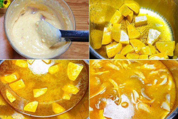 Nồi lẩu chao chay đang sôi cùng khoai môn và các loại rau củ