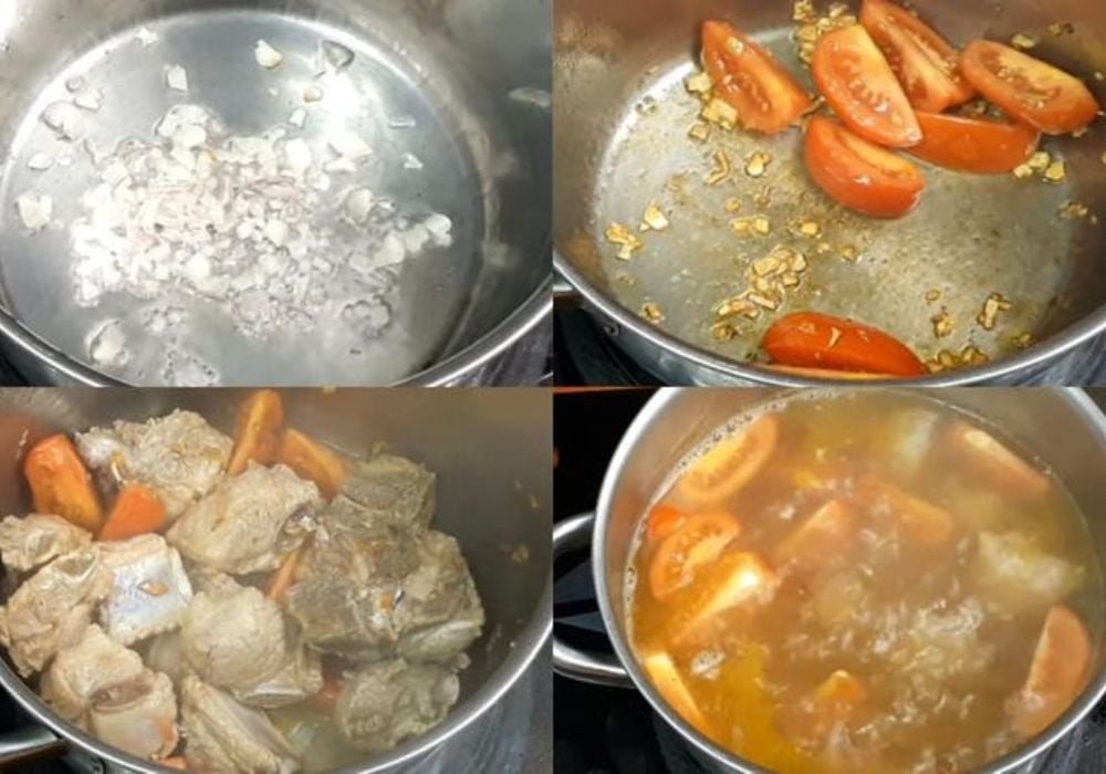 Nồi nước dùng bún sườn bò thơm lừng đang ninh nhừ