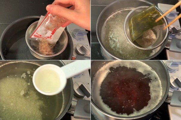 Nồi nước dùng dashi đang sôi để nấu mì udon