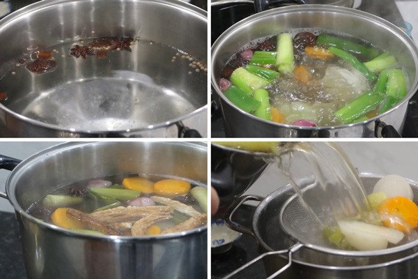 Nồi nước dùng phở chay đang sôi nhẹ, tỏa hương thơm ngát từ các loại rau củ.