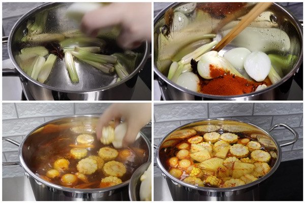 Nồi nước dùng thanh ngọt đang được ninh từ rau củ quả, tạo nên hương vị đặc trưng cho bún bò Huế chay.