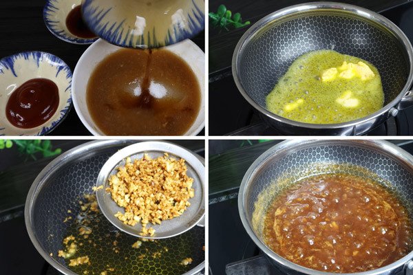 nồi nước xốt me đang được đun sôi sệt lại, chuẩn bị cho món trứng cút lộn xào me