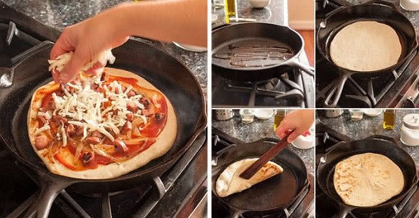Nướng bánh pizza trên chảo và rải nhân đa dạng