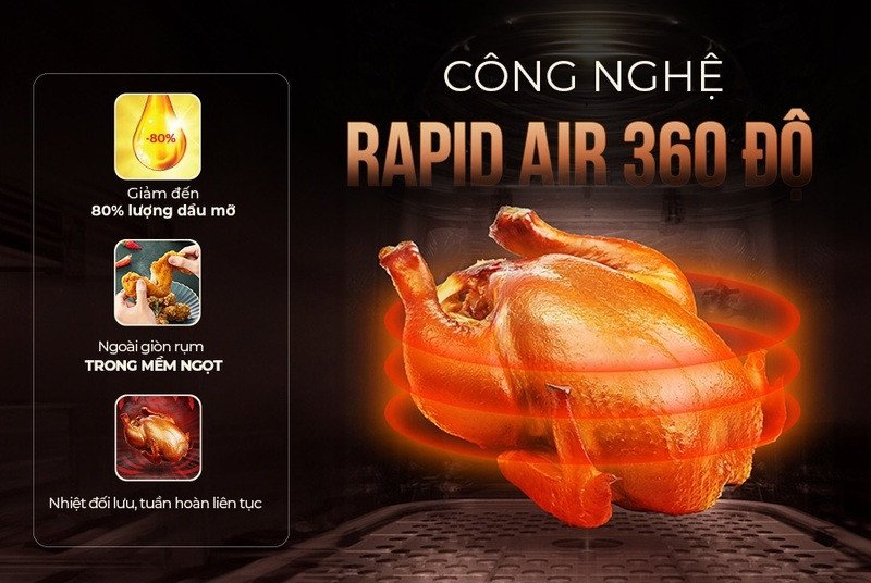 Nướng gà nguyên con bằng nồi chiên không dầu với công nghệ Rapid Air giúp chín đều.
