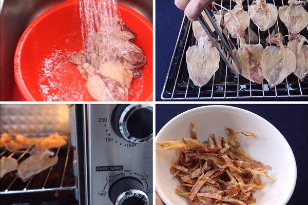Nướng mực khô để dậy mùi thơm cho món rim sa tế