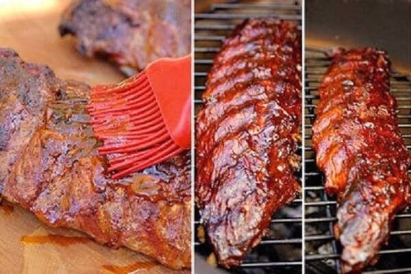Phết nước sốt mật ong lên từng miếng sườn đang nướng trên bếp than hoa, giúp sườn nướng mật ong có màu vàng óng và đậm đà hơn