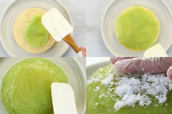 Phủ lớp kem lá dứa xanh mướt và rắc dừa nạo lên mặt bánh bông lan Phú Sĩ.