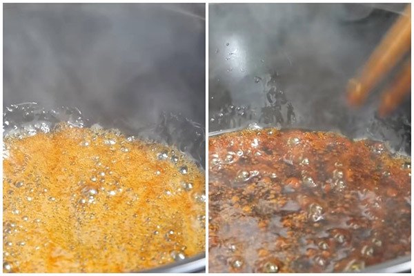 Quá trình làm nước màu đường cánh gián cho món cá lóc kho tộ