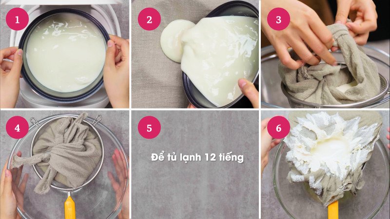 Quá trình lọc bỏ nước whey để tạo sữa chua Hy Lạp sánh mịn.