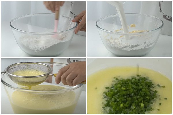 Quá trình pha bột bánh xèo cốt dừa với nước cốt dừa và bia để tạo độ giòn thơm cho vỏ bánh