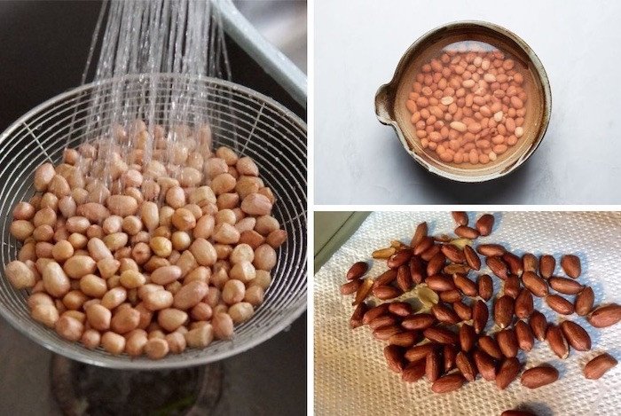 Quá trình sơ chế lạc, ngâm lạc với nước muối giúp hạt lạc rang mềm và béo hơn