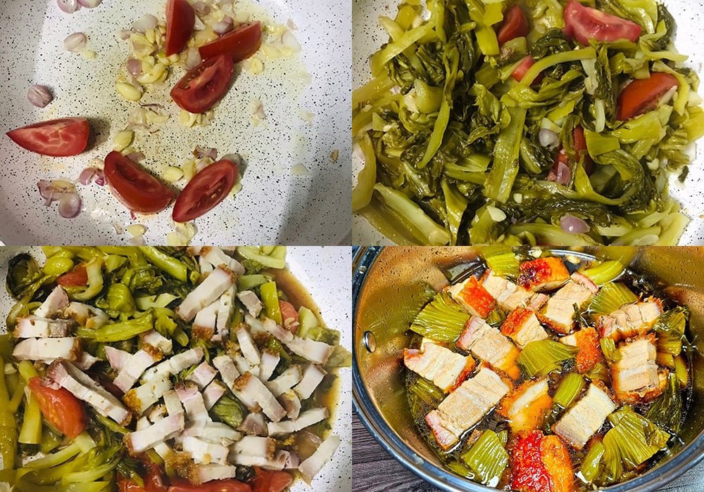 Quá trình thực hiện món heo quay kho cải chua chuẩn vị