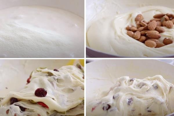 Quá trình trộn kẹo nougat với các loại hạt và trái cây sấy