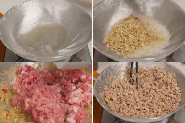 Quá trình xào thịt băm và các gia vị
