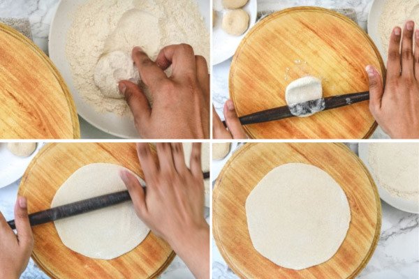 Rắc bột mì khi cán bánh Roti để chống dính và tạo hình dễ dàng