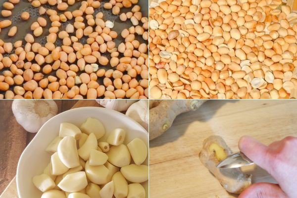 Rang đậu phộng, sơ chế tỏi và gừng để làm nước chấm cá hấp