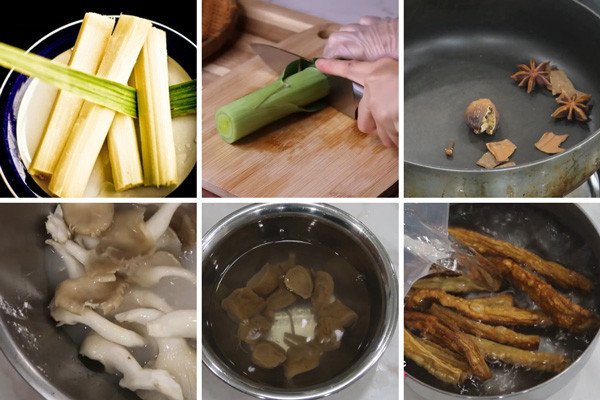 Rau củ quả và gia vị được sơ chế sạch sẽ để nấu nước dùng phở bò chay.