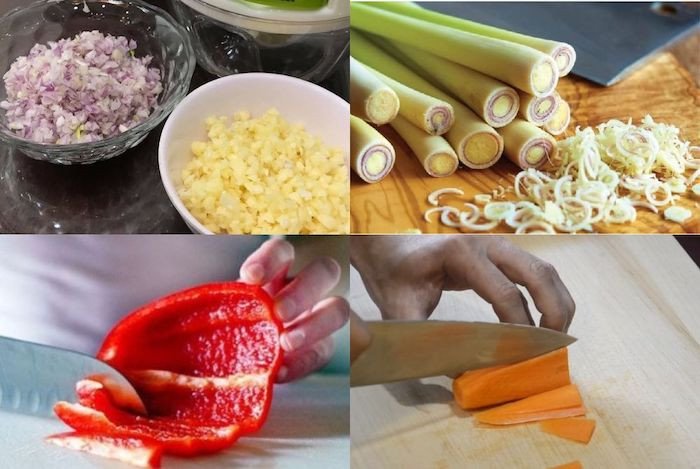 Rau củ tươi được sơ chế để xiên cùng thịt heo nướng nồi chiên không dầu