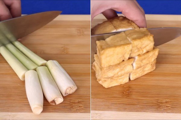 Sả đã được đập dập và cắt khúc, cùng với những miếng đậu hũ vuông vắn, chuẩn bị cho nồi lẩu Thái chay thơm ngon