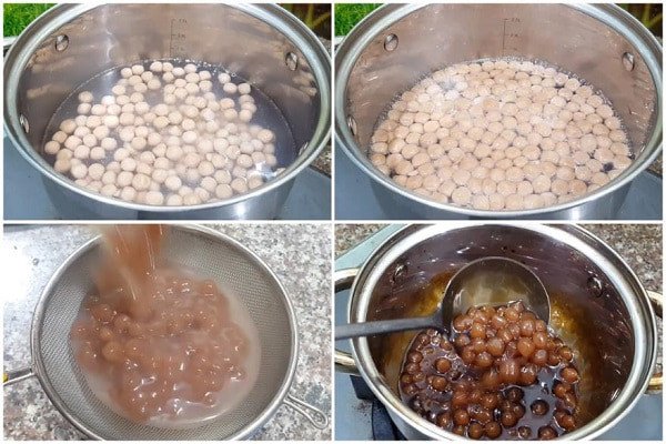 Sên trân châu milo với đường nâu tạo độ bóng và hương vị ngọt ngào.