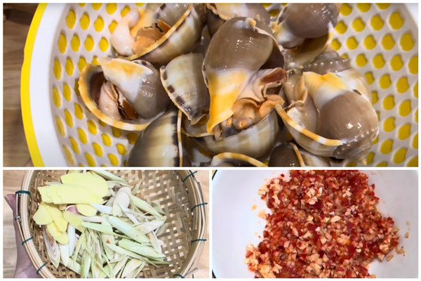 Sơ chế các nguyên liệu cơ bản như sả, gừng, tỏi, ớt để làm ốc tỏi nướng sa tế