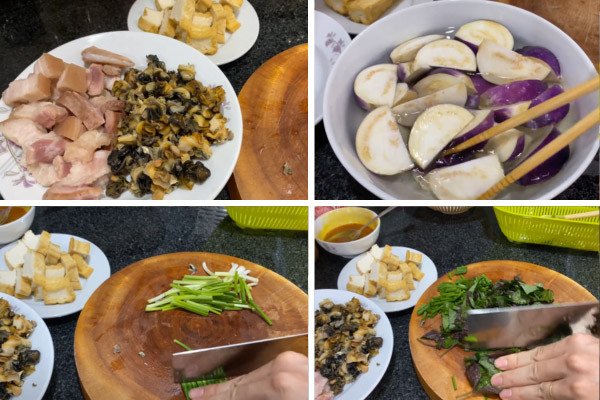 Sơ chế các nguyên liệu để nấu canh cà tím ốc đậu