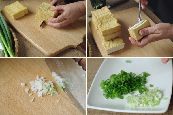 Sơ chế đậu hũ và rau thơm làm nhân tàu hũ nhồi thịt