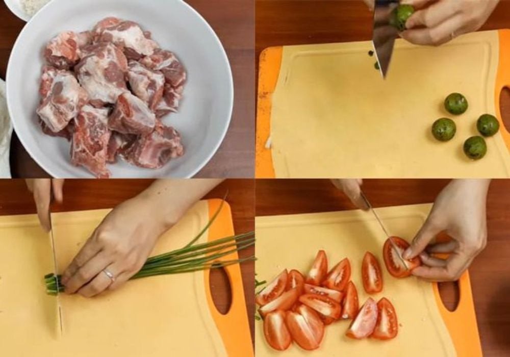 Sơ chế dọc mùng và rau thơm tươi sạch cho bún sườn bò