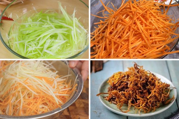 Sơ chế đu đủ, cà rốt cùng đường, muối để giữ được độ giòn và bớt mùi hăng