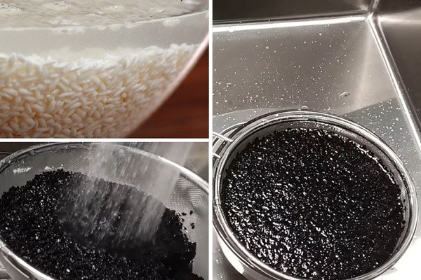 Sơ chế hạt mè đen và gạo nếp để chuẩn bị nấu chè mè đen bổ dưỡng