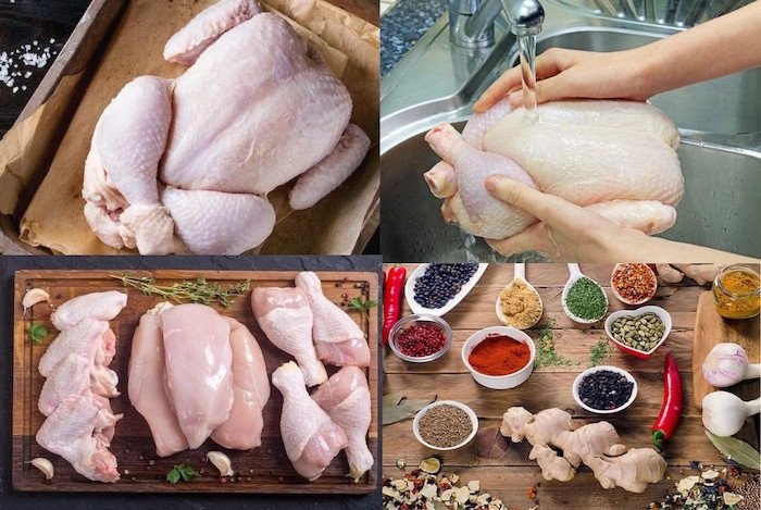 Sơ chế kỹ lưỡng thịt gà và các nguyên liệu khác trước khi chế biến món gà rán giòn rụm