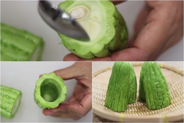 Sơ chế mướp đắng làm sạch ruột để chuẩn bị nhồi thịt nấu canh
