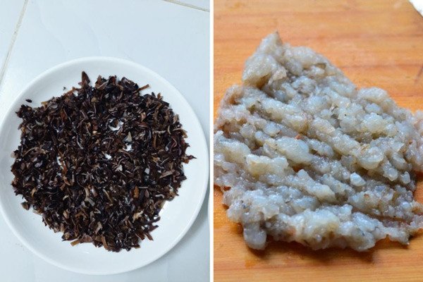 Sơ chế nấm mèo và tôm chuẩn bị làm nhân sủi cảo thơm ngon